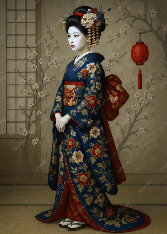 Elegant figure in richly detailed kimono, standing still beneath a hanging lantern in a painterly Japanese interior