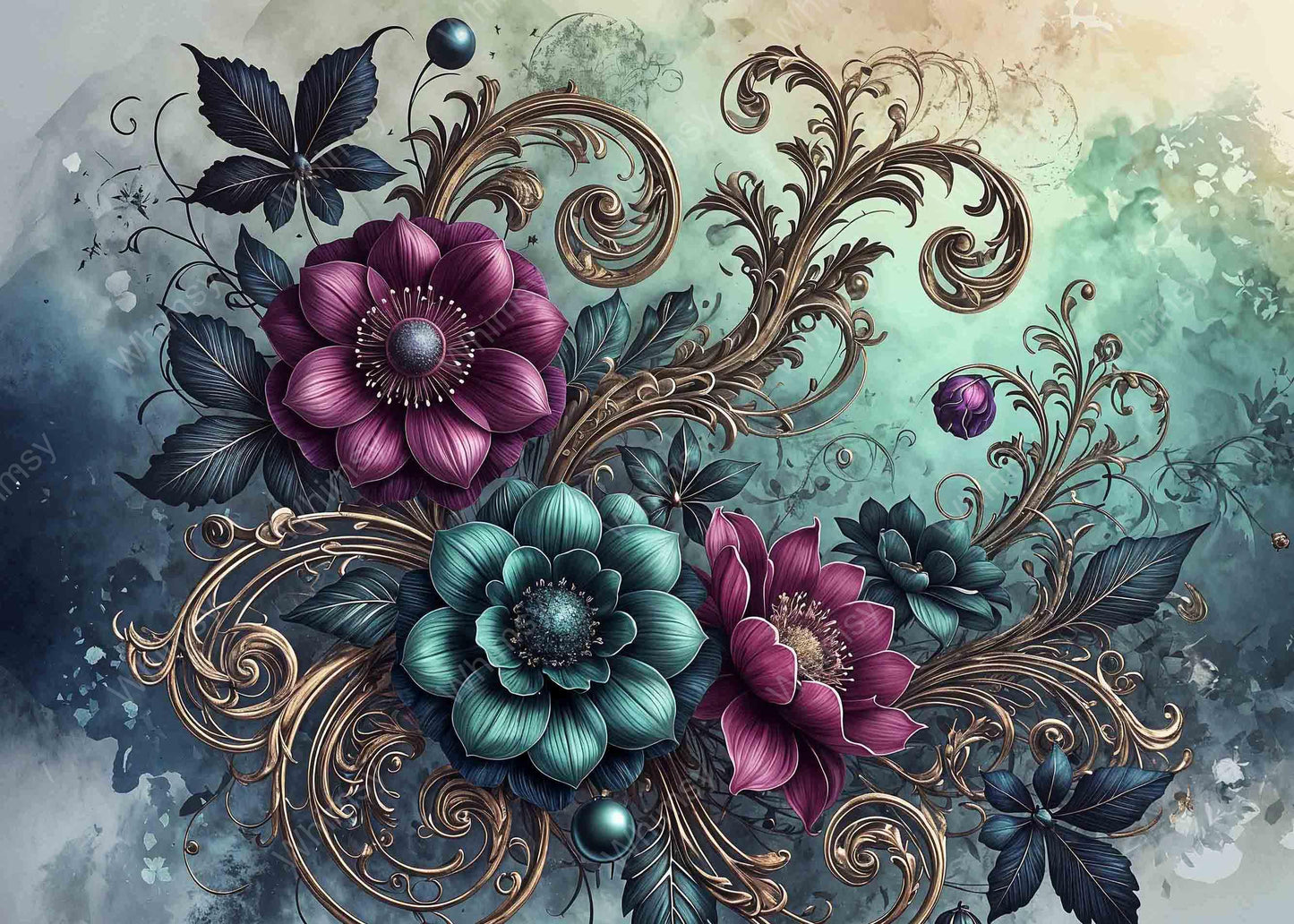 Extra-large decoupage print with teal and magenta flowers, vintage gold scrollwork, and artistic watercolor background for DIY and wall art