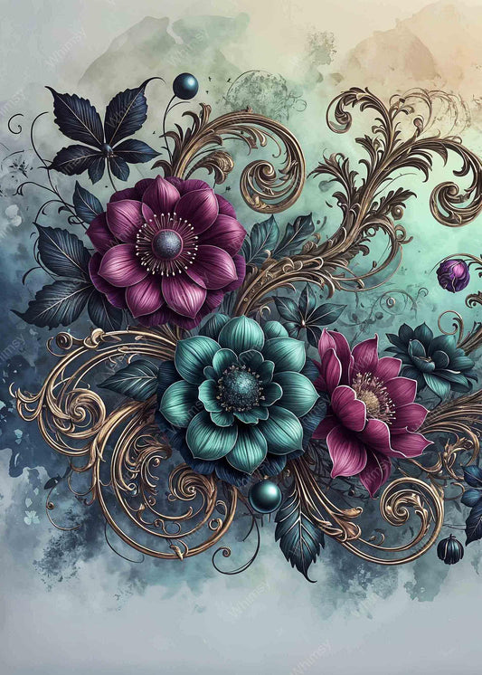 Jewel-toned fantasy flowers entwined with golden flourishes on a dreamy teal-washed canvas, perfect for bold decoupage lovers