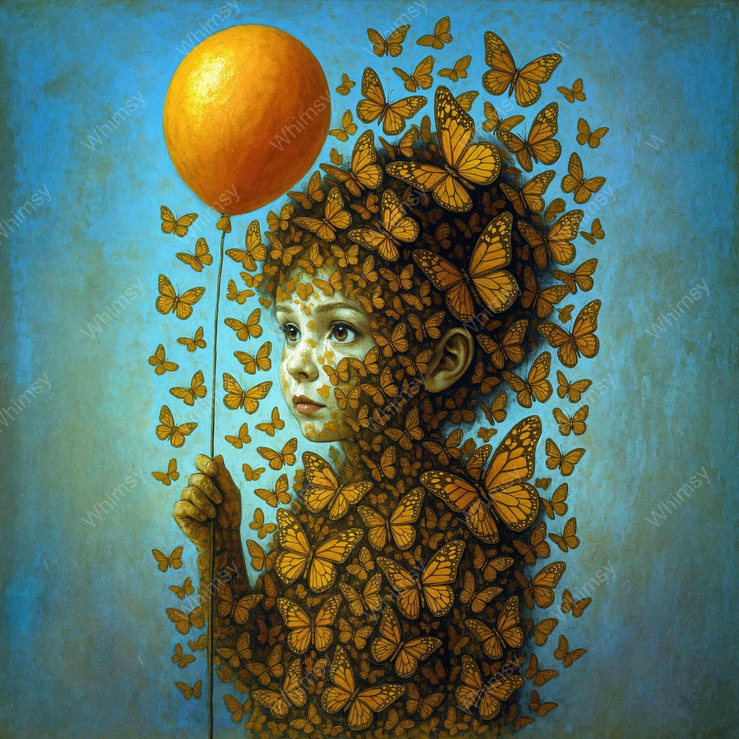 The Butterfly Child – magical child with balloon and butterflies – square wall art print