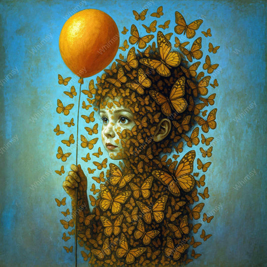 The Butterfly Child – magical child with balloon and butterflies – square wall art print
