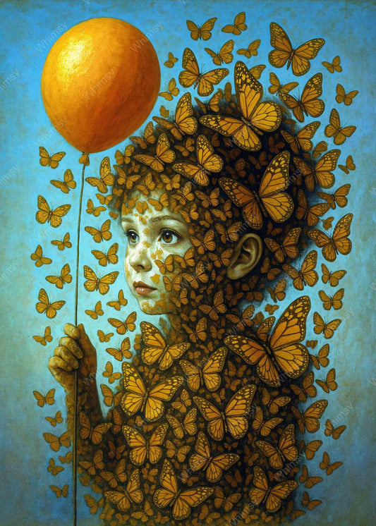 Whimsical art print of a child with golden butterflies and balloon – perfect for nursery or DIY