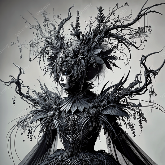 Dark fantasy decoupage artwork of Thornveil, a gothic forest queen adorned in twisted vines and botanical headpiece