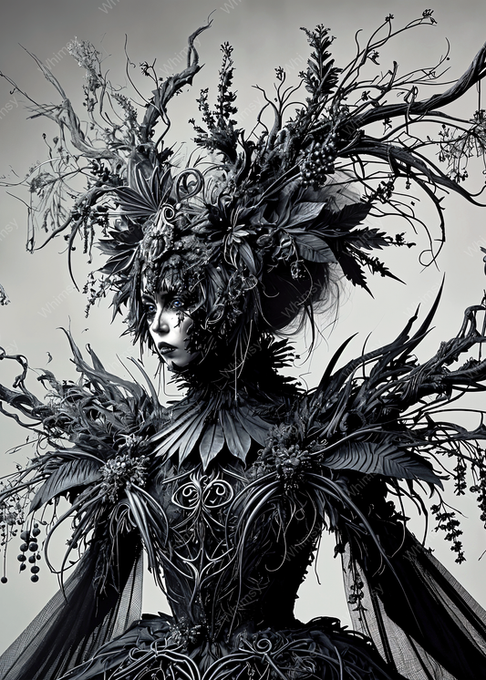 Surreal gothic woman with branch crown and lace detailing, perfect for extra-large decoupage paper designs