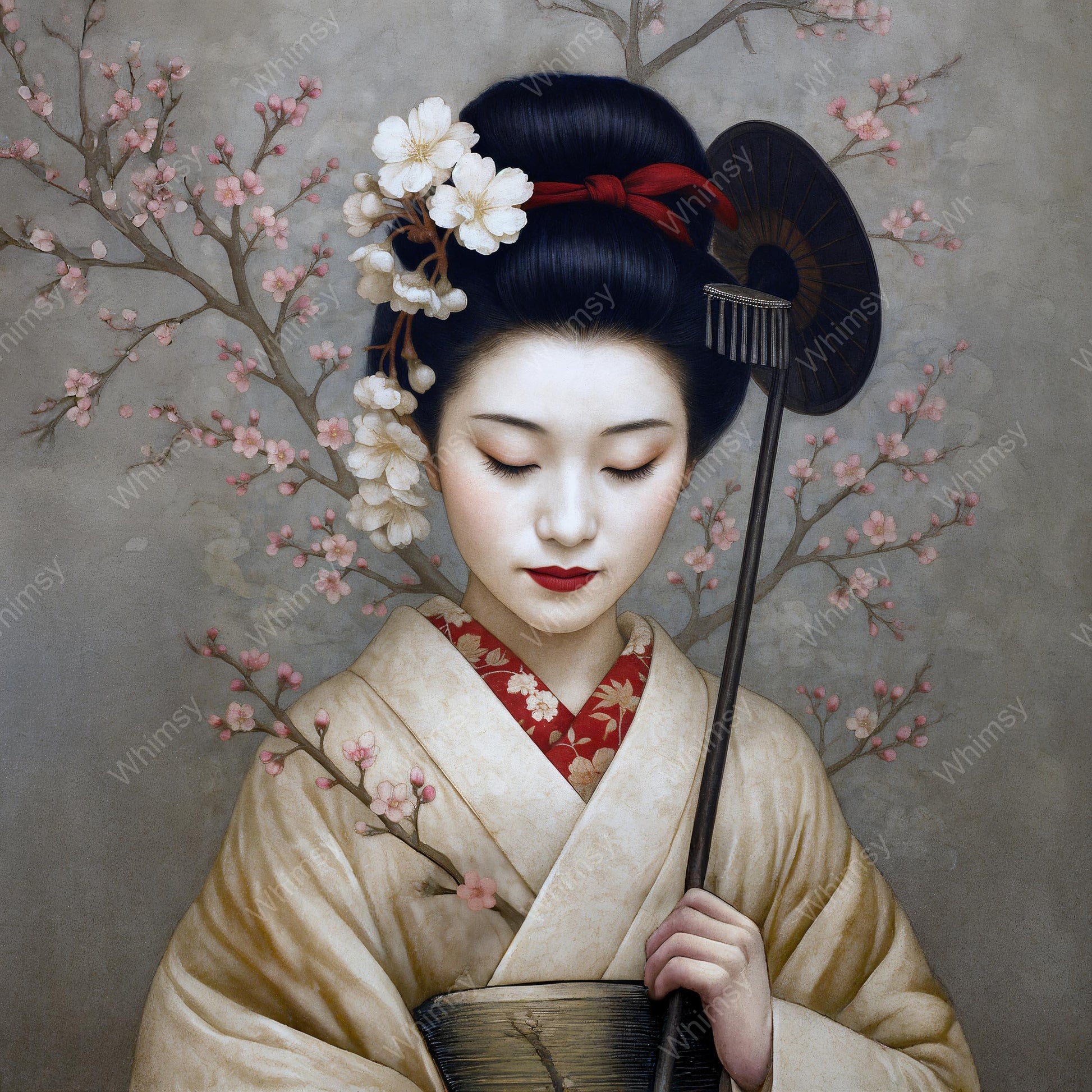 Japanese portrait of a woman in a pale kimono holding a fan and flower branch, set against a soft cherry blossom background