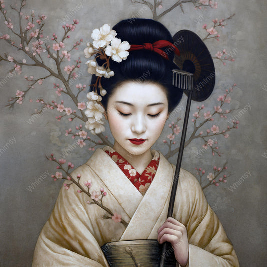 Japanese portrait of a woman in a pale kimono holding a fan and flower branch, set against a soft cherry blossom background