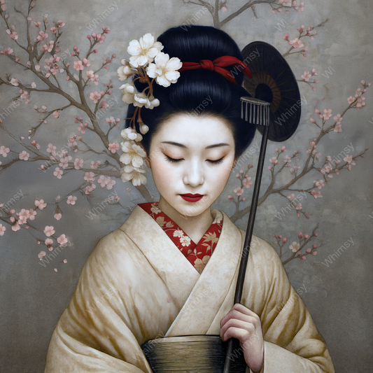 Japanese portrait of a woman in a pale kimono holding a fan and flower branch, set against a soft cherry blossom background