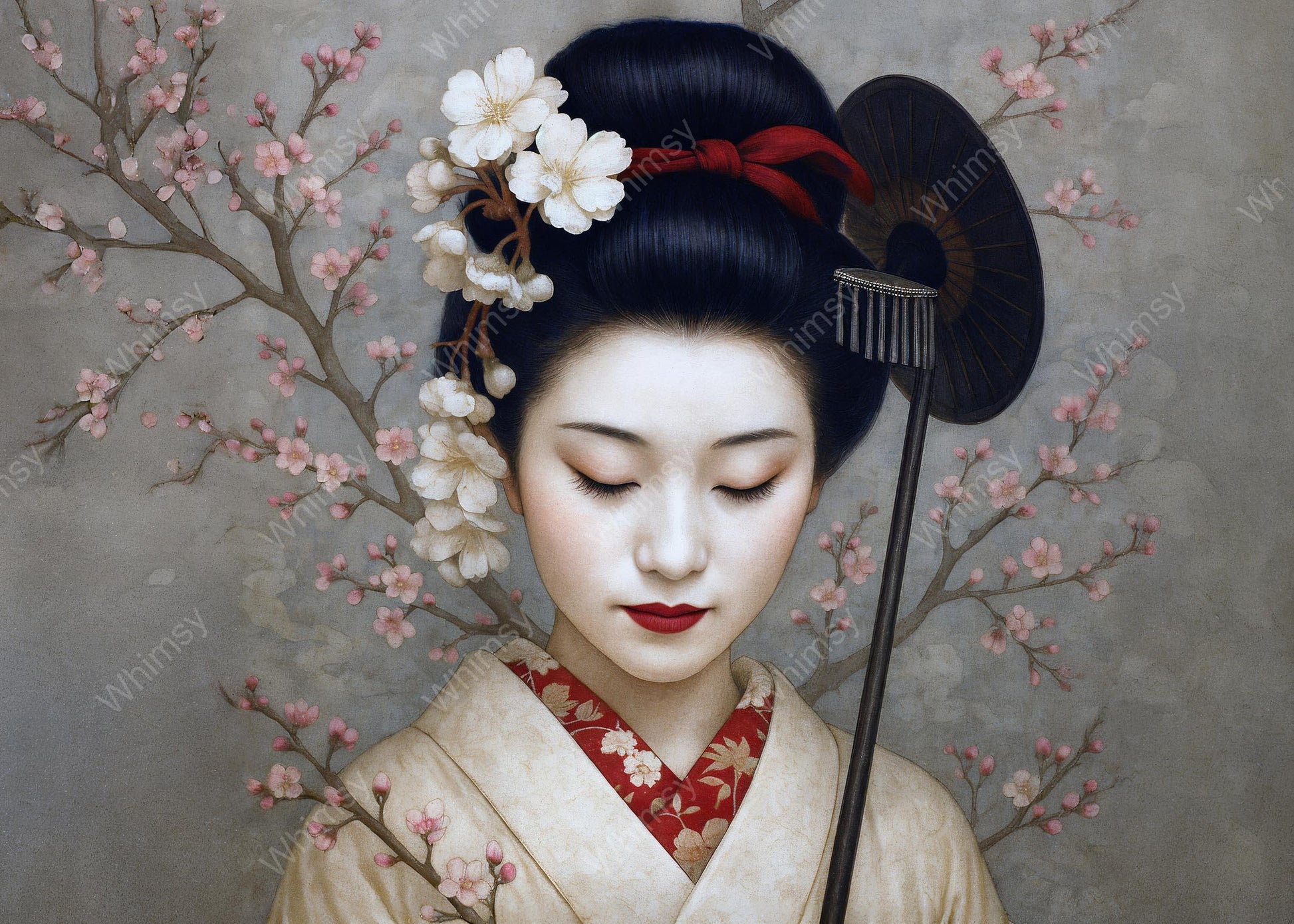 Extra-large printable decoupage image featuring a geisha-style figure with floral and parasol details in soft neutral tones