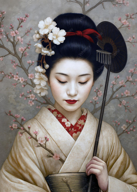Decoupage image of a woman in cream and crimson kimono, eyes closed, holding a parasol and single bloom