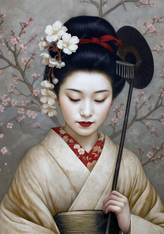 Decoupage image of a woman in cream and crimson kimono, eyes closed, holding a parasol and single bloom