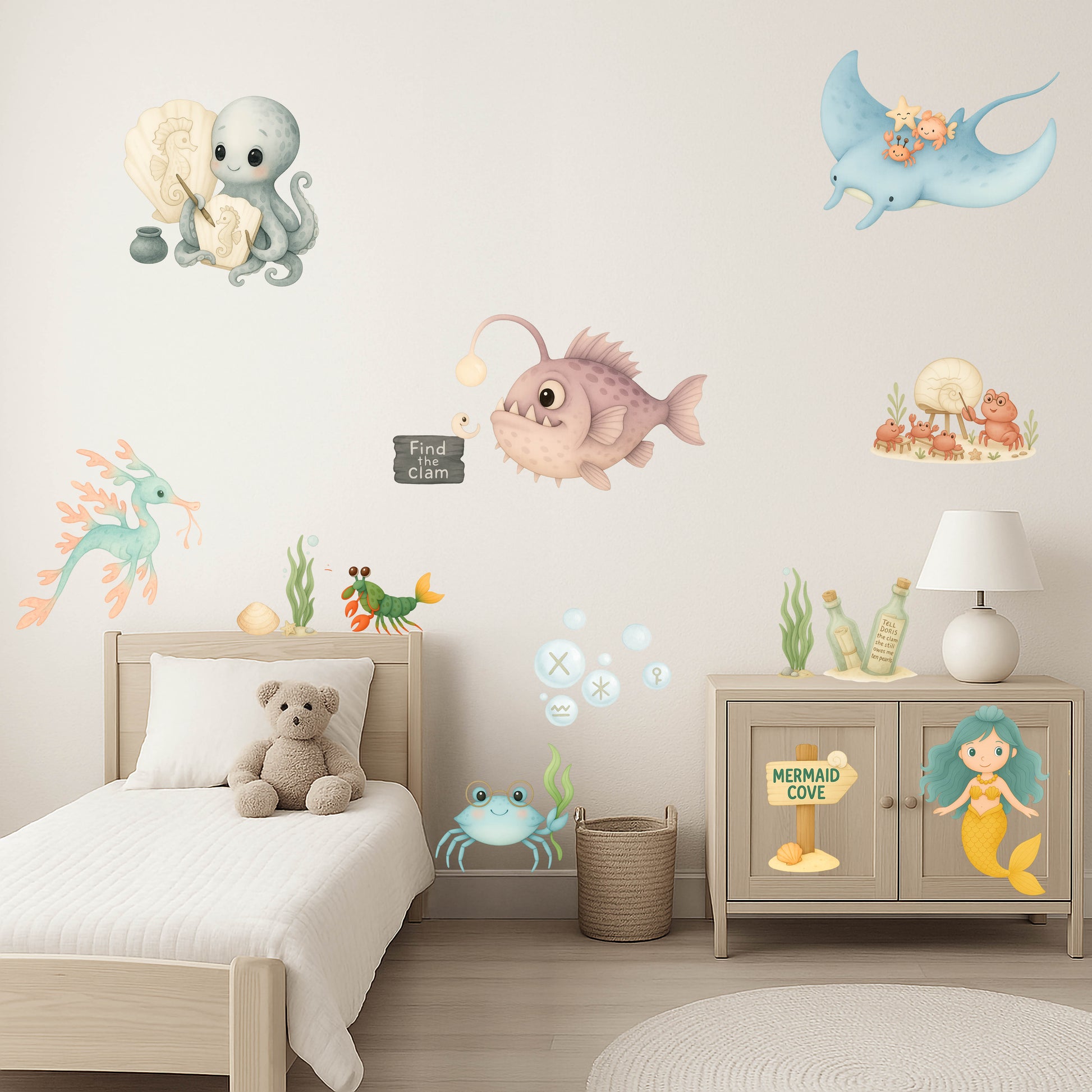 Under the Sea wall stickers in a child’s bedroom featuring pastel marine animals, including octopus, lantern fish, mermaid, and stingray