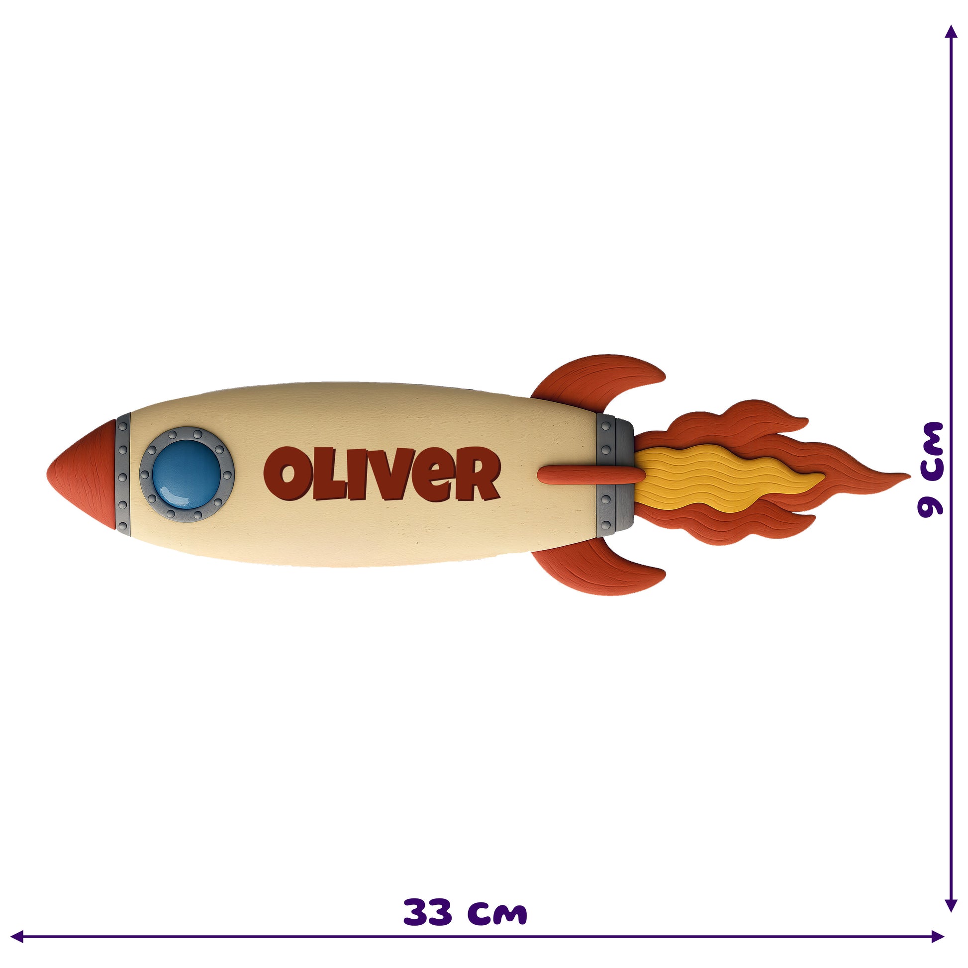Custom name PhotoTex sticker of a cartoon rocket ship with a cream body, red fins, orange-yellow flames, a round blue window, and the name 'Oliver' in bold red letters on the side.