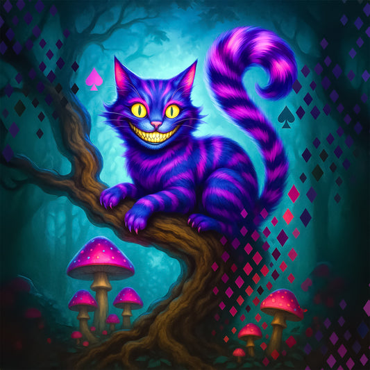 Whimsical Cheshire Cat with glowing smile and striped fur in Wonderland forest