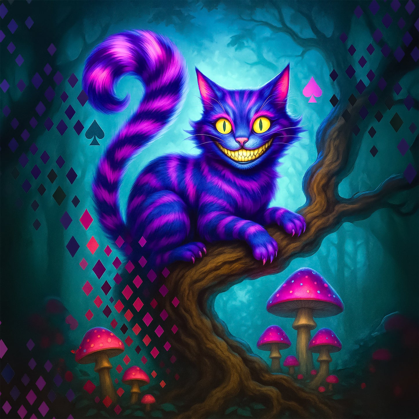 Colorful cheshire cat in a fantasy forest with mushrooms and diamond patterns.
