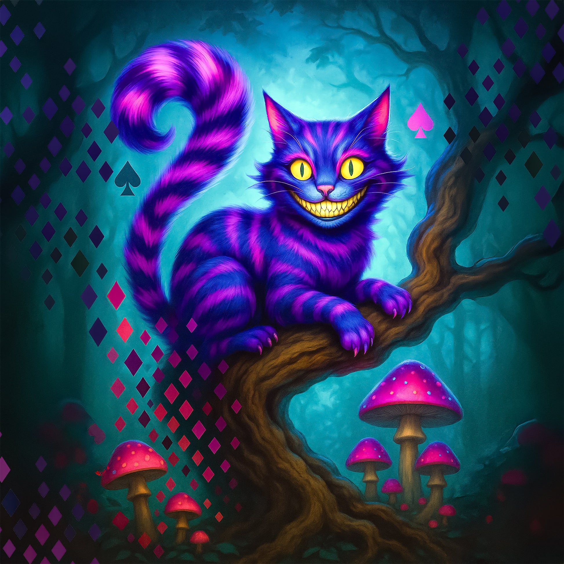 Colorful cheshire cat in a fantasy forest with mushrooms and diamond patterns.