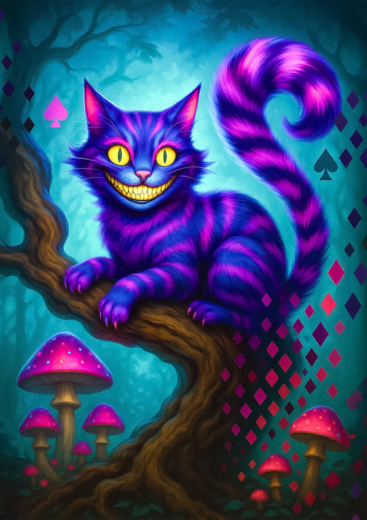Purple and pink Cheshire Cat decoupage paper with mushrooms and diamonds