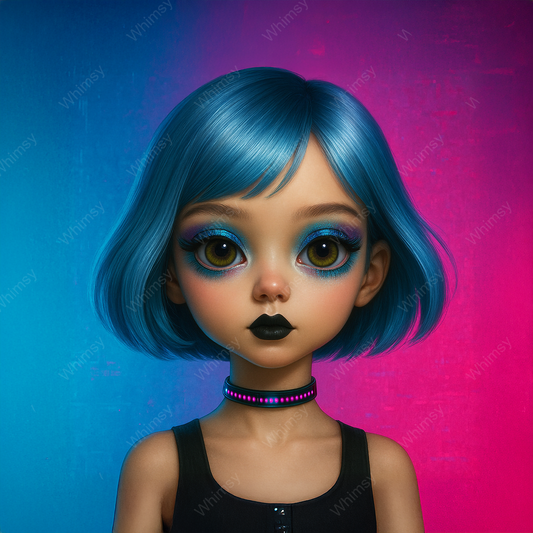 Xena cyberpunk gothic doll decoupage paper with sleek silver-blue bob, glowing golden-violet eyes, and futuristic choker on whimsical 30gsm mulberry rice paper for furniture transformations and extra-large A0 decoupage projects.