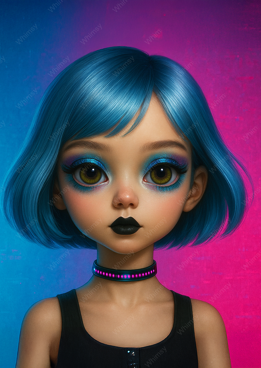 Whimsical big-eyed doll with metallic cyberpunk makeup in neon blue and pink gradient background, perfect for gothic whimsical decoupage and A0 furniture makeover sheets