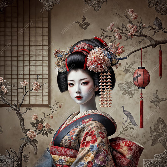 Yuki – a Japanese-inspired woman in detailed traditional dress, painted in soft rich tones with elegant expression