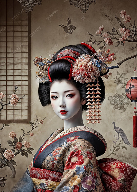 Elegant geisha painting, Whimsy original artwork, Asian-inspired decoupage design