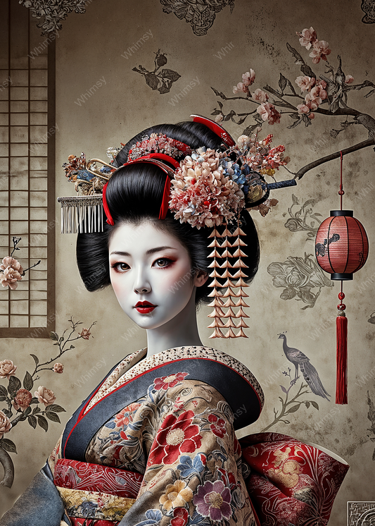 Elegant Japanese woman dressed in a detailed kimono, surrounded by hand-drawn cherry blossoms, birds, and a classic paper screen in muted tones.