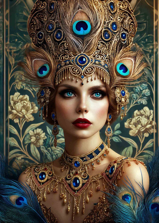 Luxurious portrait of a queen-like figure wearing peacock feathers and royal blue gems, ideal for creative projects, decoupage, and scrapbooking with an opulent vintage style
