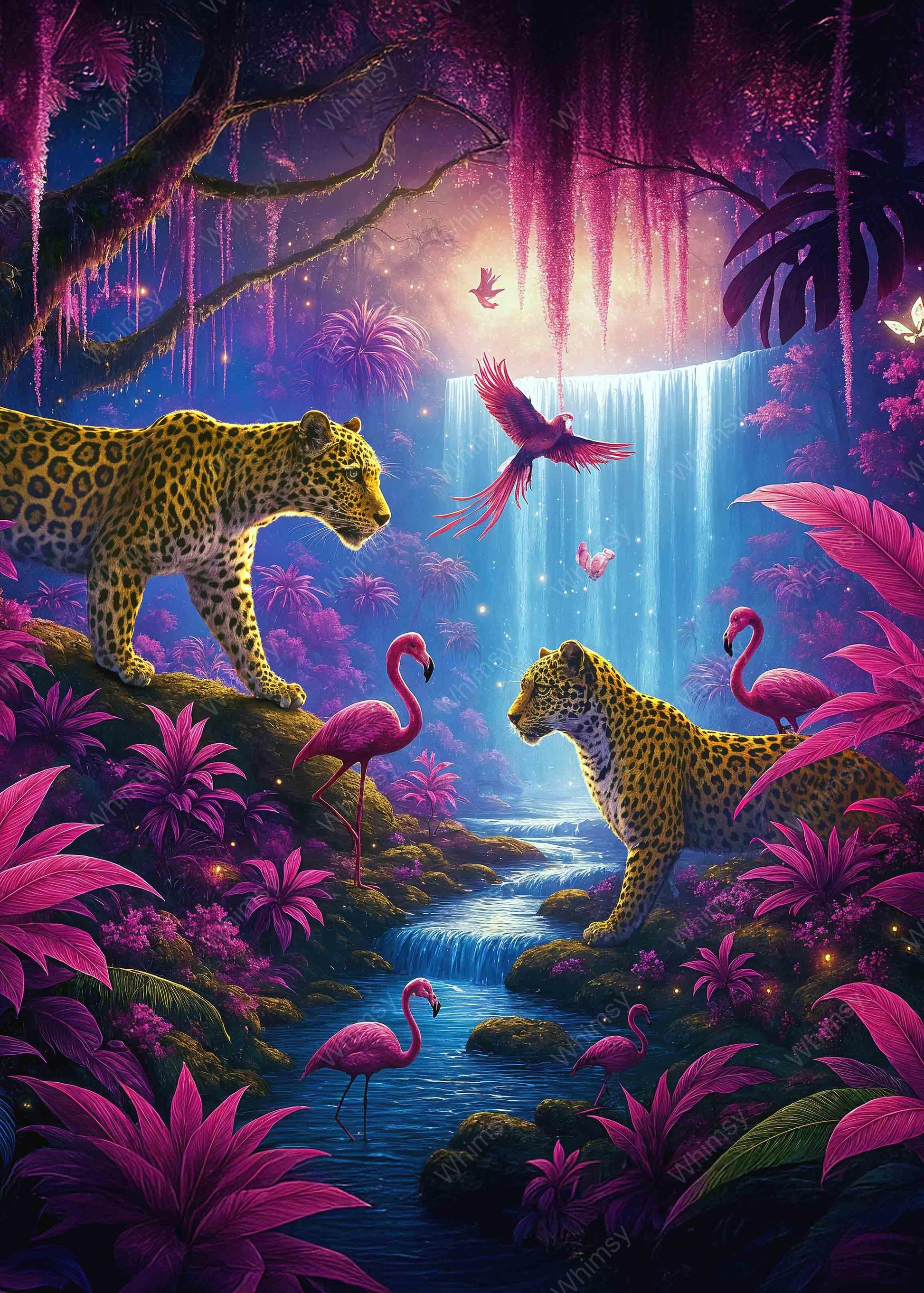Jungle Afterglow tropical decoupage paper featuring leopards, flamingos, and a glowing waterfall – custom-sized