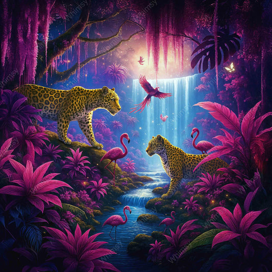 Two leopards in a vibrant jungle scene with flamingos and pink foliage – Jungle Afterglow decoupage design