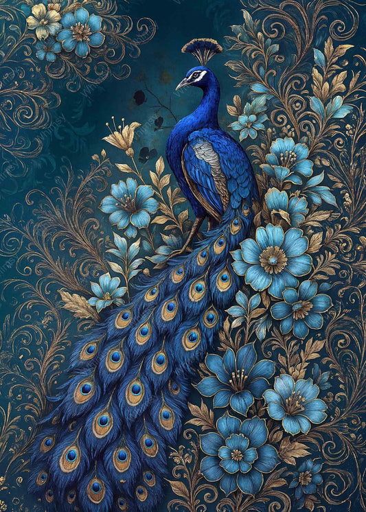 Stylized peacock with ornate feathers, designed for custom-sized decoupage – Mr. Handsome by Whimsycl