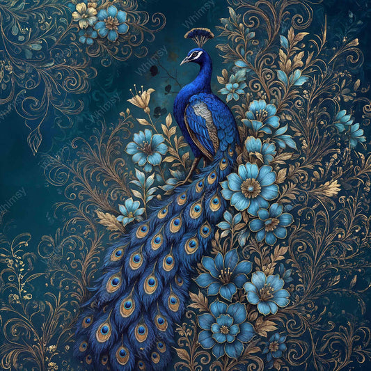 Mr. Handsome decoupage paper featuring an elegant peacock in vibrant blues and golds – extra large format