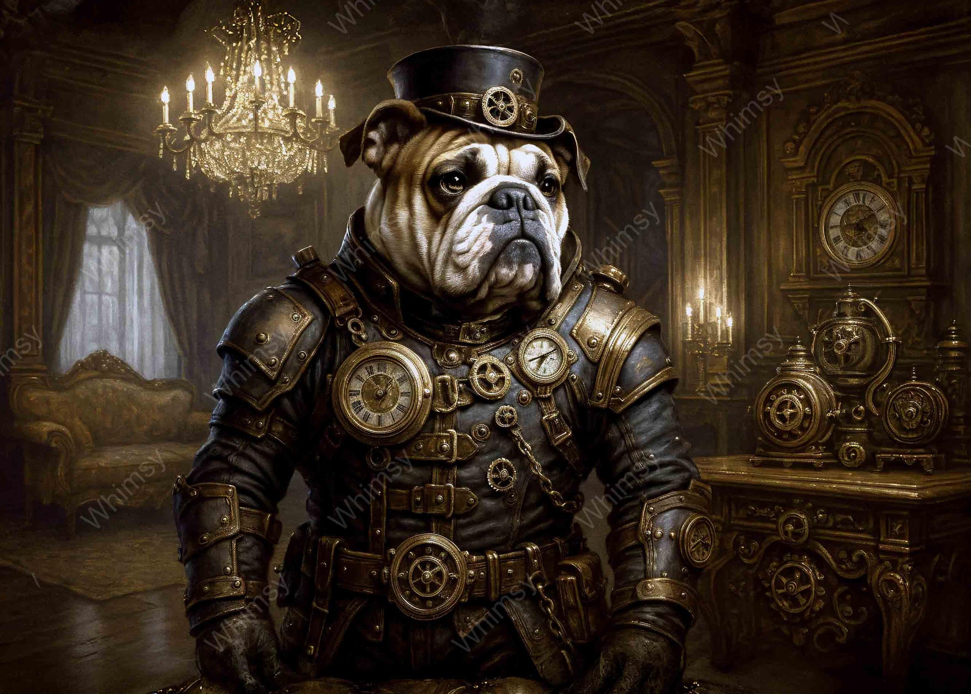 Dramatic brass-clad bulldog portrait with vintage gear details in dark steampunk décor – Sir Barkington Steamwhistle design


