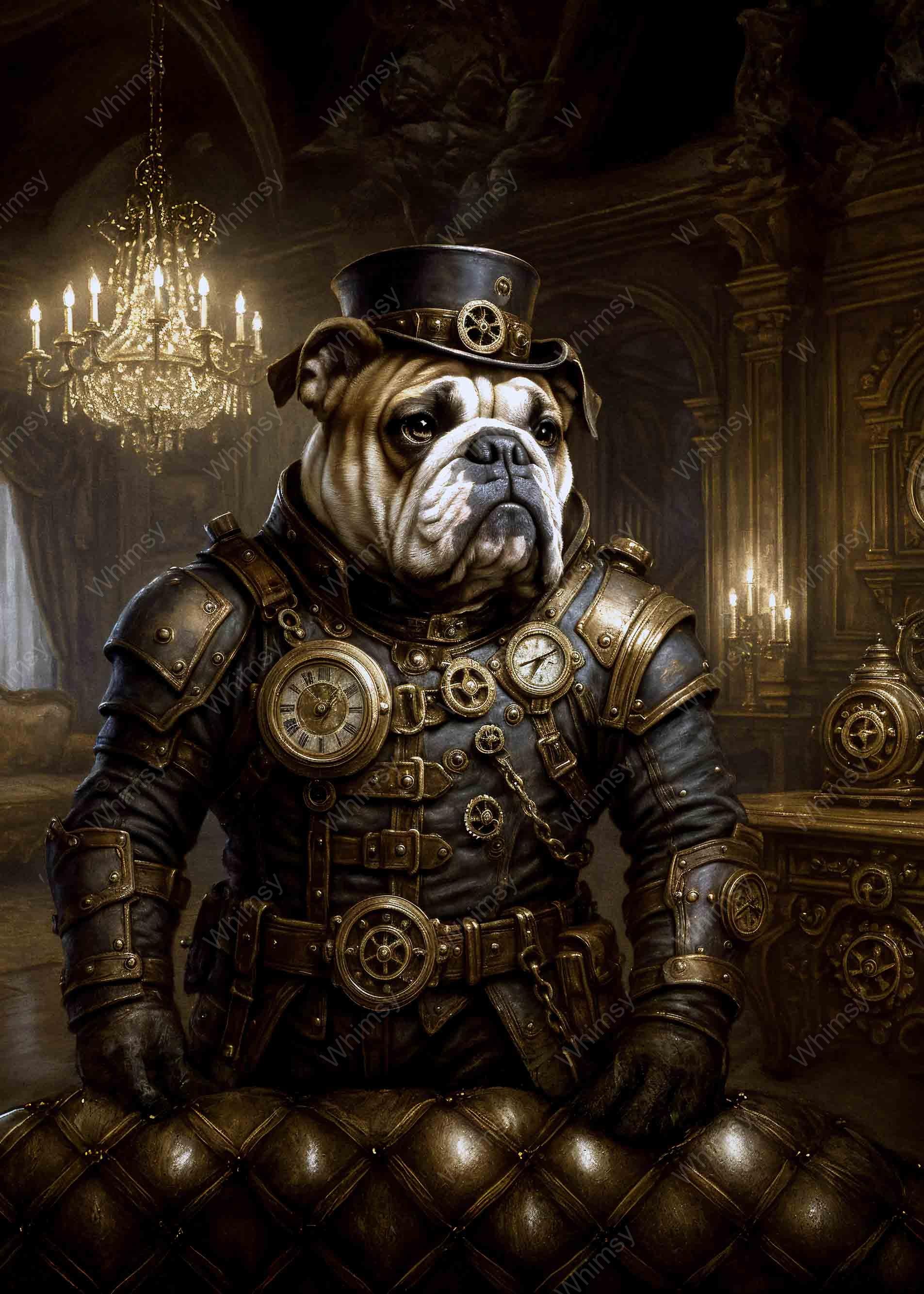 Steampunk bulldog in Victorian setting with chandeliers and clocks – custom-sized Whimsy decoupage paper