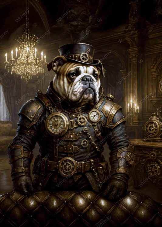 Steampunk bulldog in Victorian setting with chandeliers and clocks – custom-sized Whimsy decoupage paper