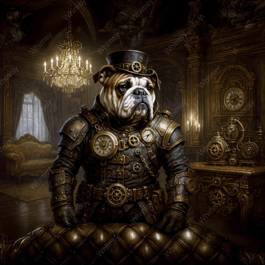 Sir Barkington Steamwhistle – steampunk bulldog in brass armor with clocks and gears, ideal for decoupage projects
